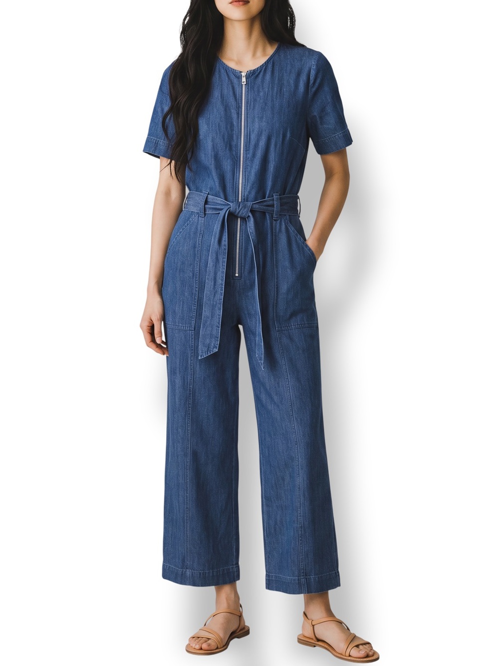Whistles Denim Belted Utility Jumpsuit Blue Zip Front Cropped Wide Leg Size 10